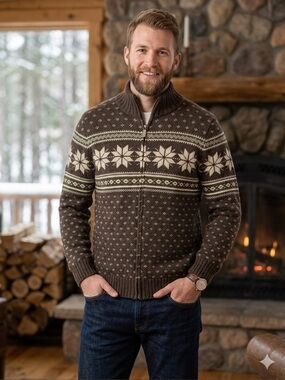 Men's Brown Fair Isle Zip-Up Sweater
